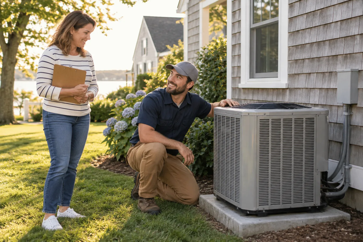 A local HVAC provider checking a new outdoor air conditioner beside a Lake Grove home