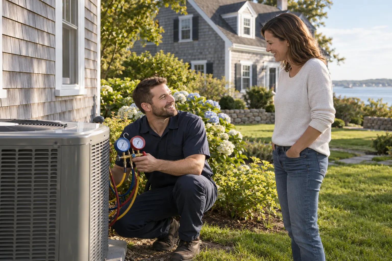 Friendly HVAC provider checking an outdoor air conditioner for a homeowner in Lake Grove