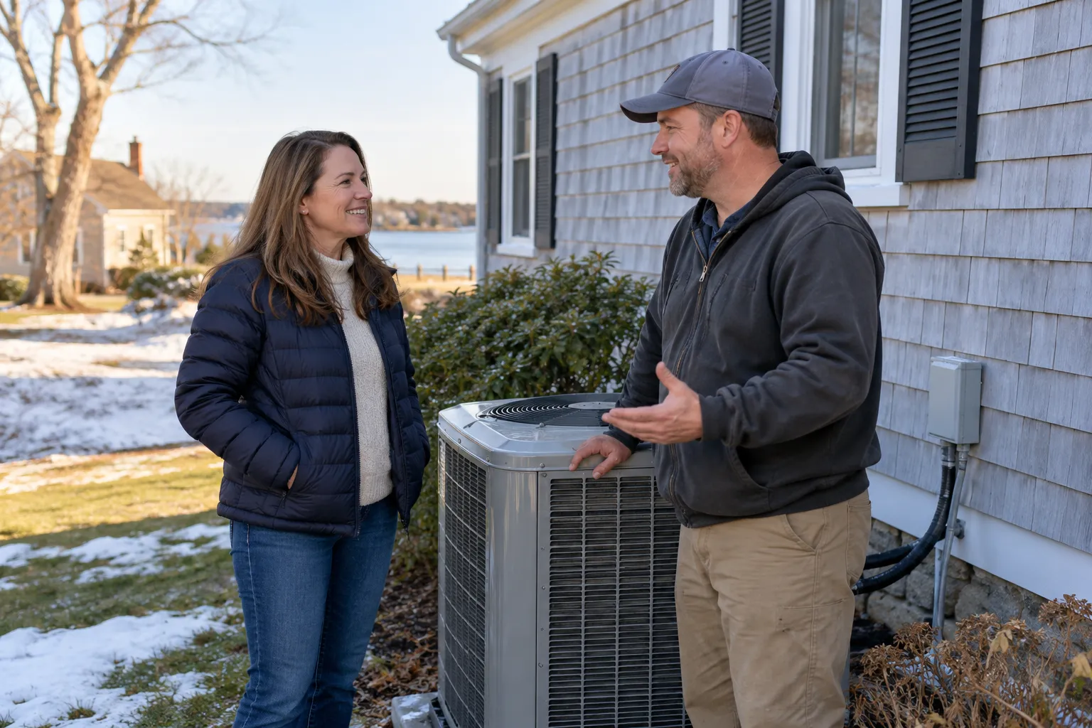 A homeowner talking with a friendly HVAC provider beside an outdoor AC unit near Lake Grove